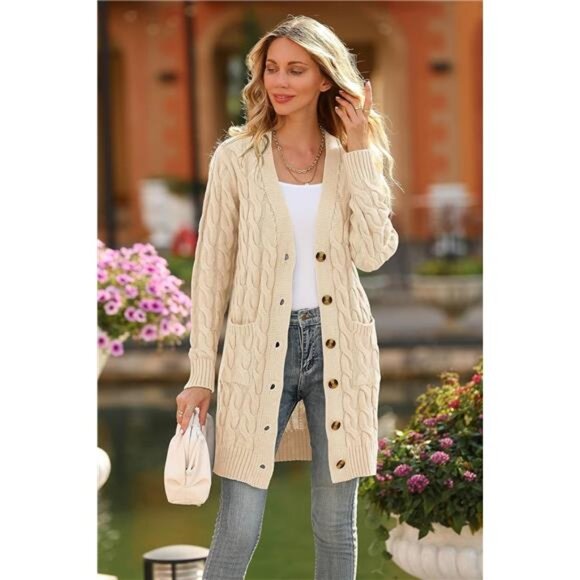 Women's Fall/Winter Long Sleeve Cable Knit Cardigan - Chunky Open Front - Picture 6 of 7